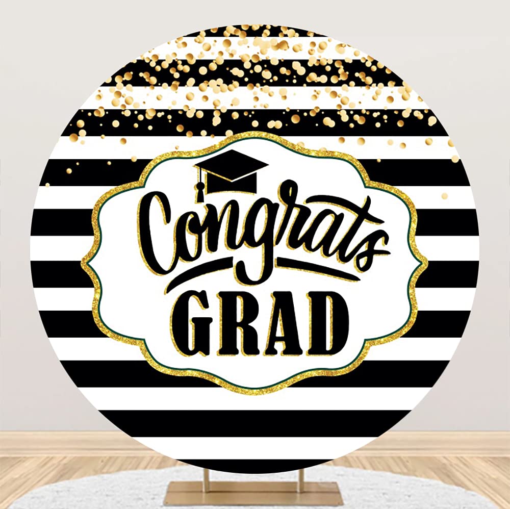 Laeacco 7x7FT Congrats Grad Round Backdrop Polyester Black White Striped Photography Background Bachelor Cap Congratulation Graduation College Prom
