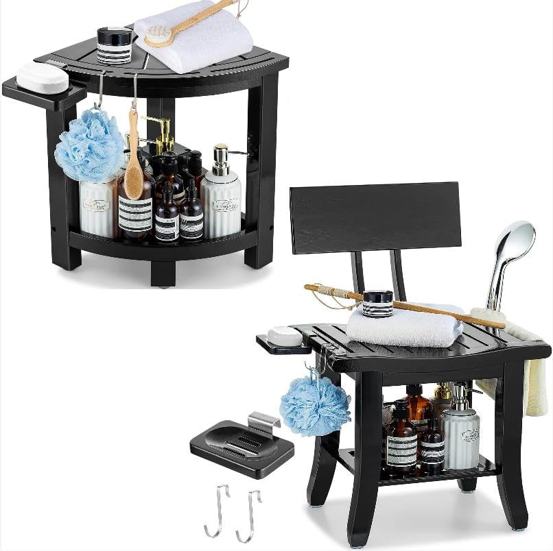 ETECHMART Corner Shower Stool + Shower Bench with Back (Black+Black)