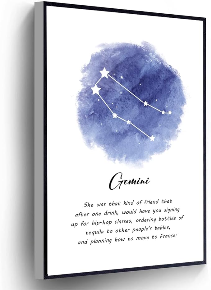 Zodiac Canvas Gemini Inspirational Quotes Poster Watercolor Abstract Wall Art Prints Astrology Plaques For Living Room Bedroom Home Office Wall Decor(Stretched And Wood Framed 18 X 24)