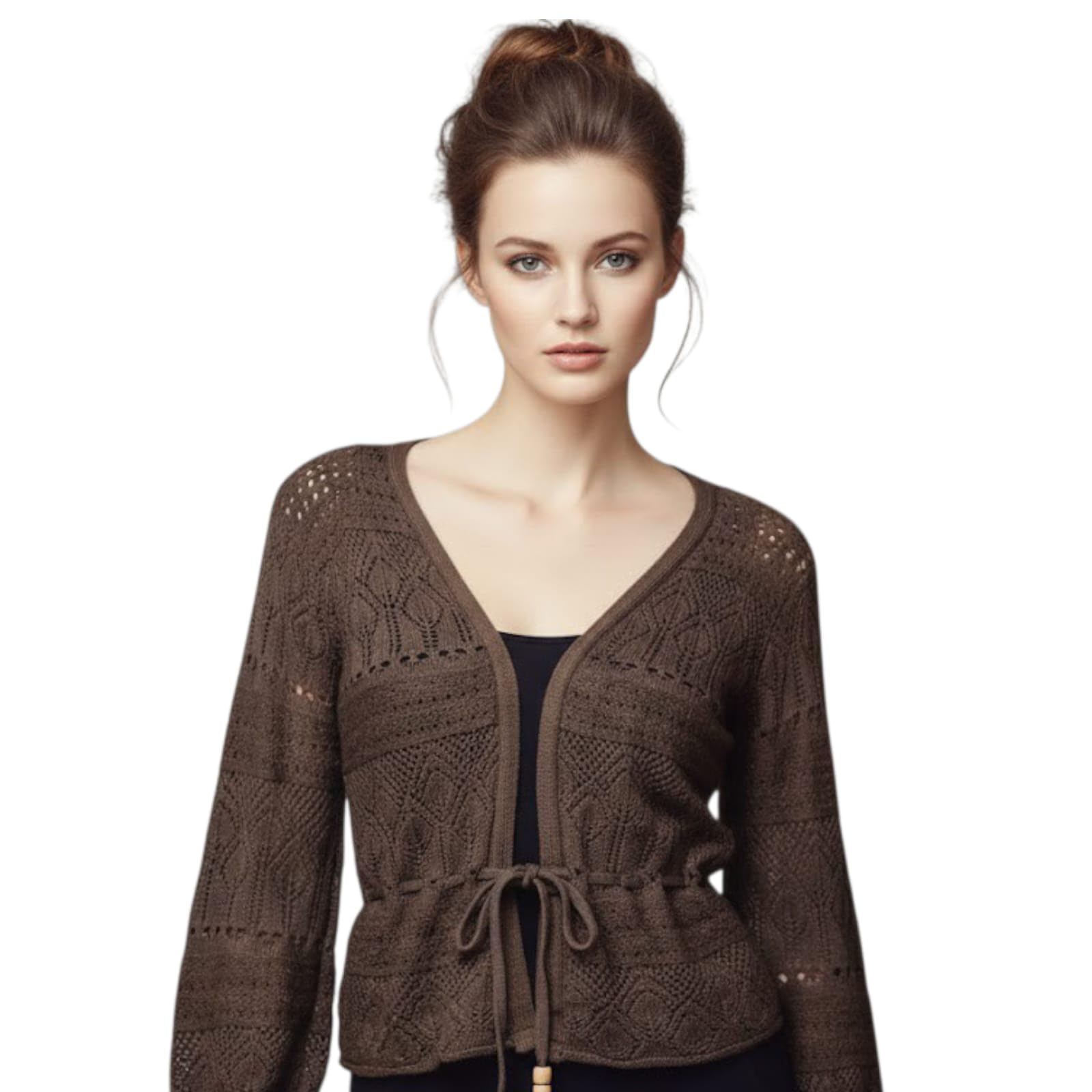 K.SALARIA Women's Brown Pointelle-Knit Crochet Cardigan, Boho Open-Front Knit Cardigan-image-1