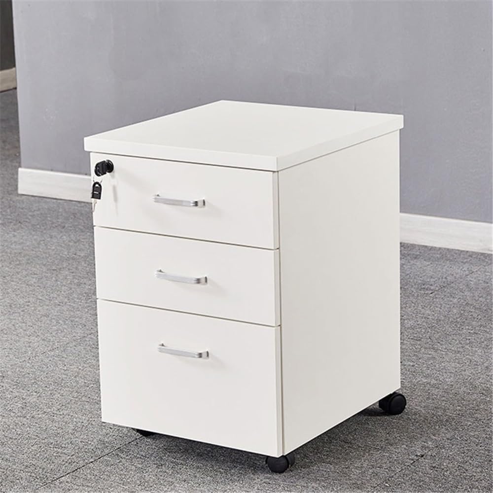 GRFIT Floor to Ceiling Wooden Mobile File Cabinet, Simple Modern Storage Short Cabinet with Lock, Three Drawer Cabinet Filing Cabinets Office(White)