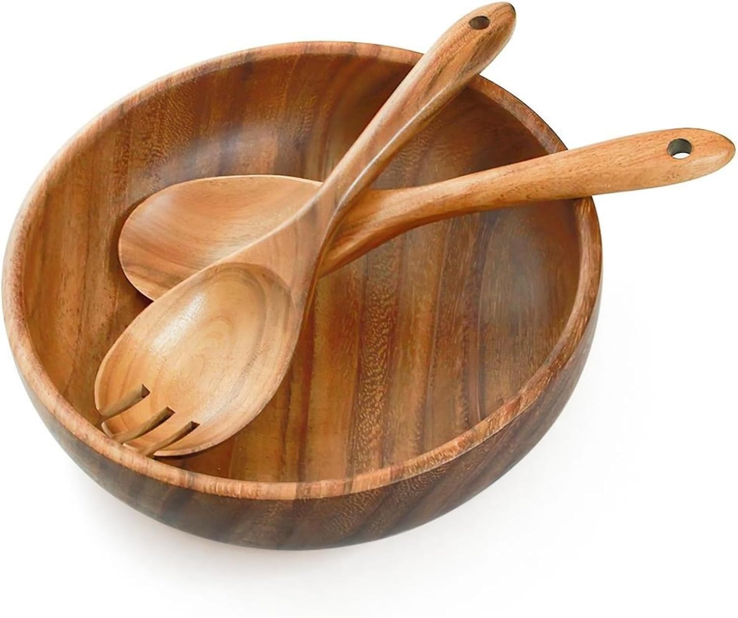 AOOSY Large Wooden Salad Bowl, Acacia Wood Salad Bowl with Salad Tongs, 9" x 2.8" Round Fruit Serving Bowl Set for Mixing Fruits Cereal Pasta,Set of 3