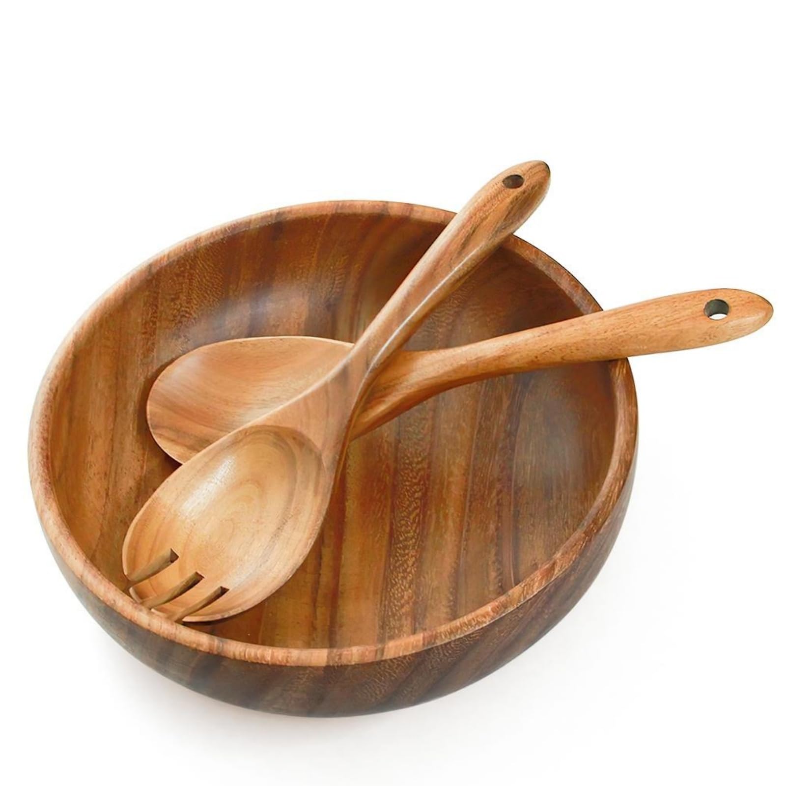 AOOSY Large Wooden Salad Bowl, Acacia Wood Salad Bowl with Salad Tongs, 9" x 2.8" Round Fruit Serving Bowl Set for Mixing Fruits Cereal Pasta,Set of 3