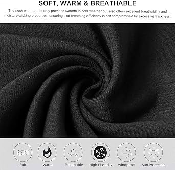 Neck Warmer Windproof Gaiter Mask, Bandana Face Covering Scarf for Men & Women Cold Weather, Multifunctional Elastic UV Resistence Winter Warmer Headwear, Gaiter Snood for Outdoor, Black, 25 x 33 cm