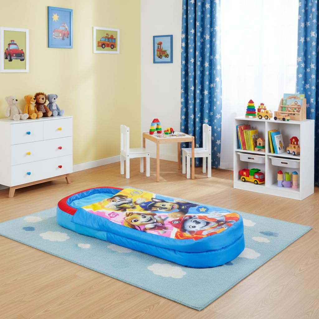 Pat' Patrouille ReadyBed Lit d'Appoint Enfant Gonflable 2-en-1 avec Couette Intégrée, Matelas Camping, Soirée Pyjama, Pompe et Sac de Transport Inclus, Lavable en Machine, 130x61x23 cm