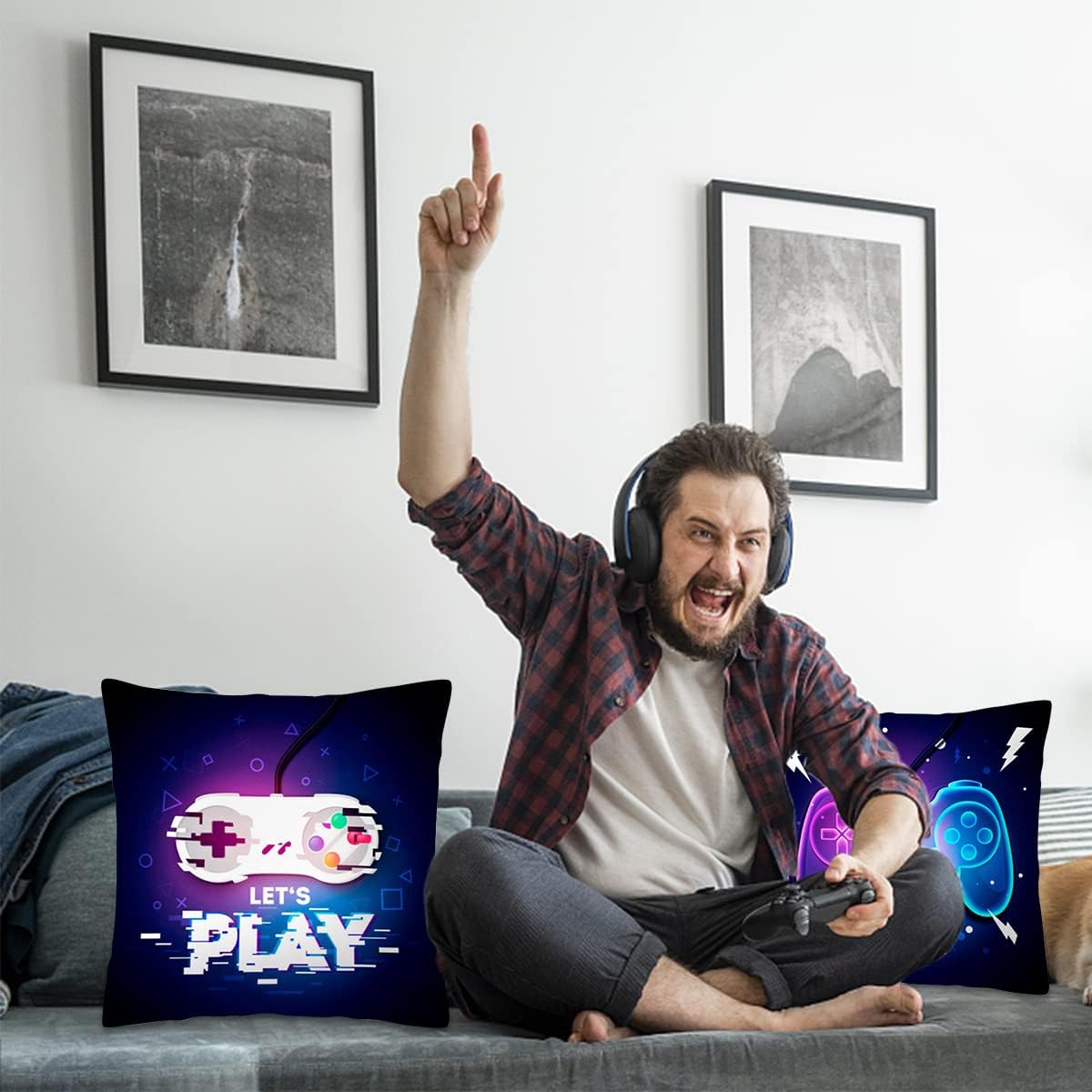 GiantGo Confezione da 2 federe per cuscini a tema videogiochi, fantasia, con parole per divano, letto, decorazione, motivo controller di gioco, 45,7 x 45,7 cm
