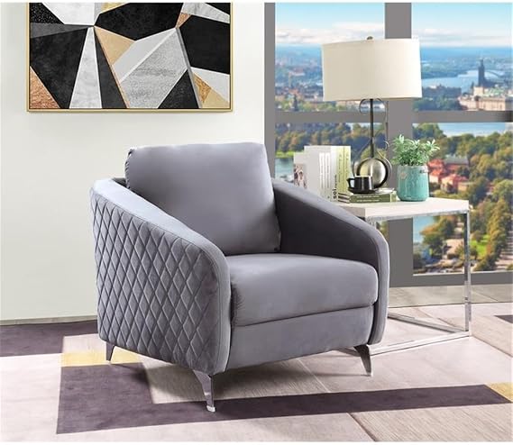 Lilola Home Sofia 36 W Gray Velvet Accent Chair with Silver Legs Tufted Modern Armchair for Living Room, Bedroom, or Reading Nook