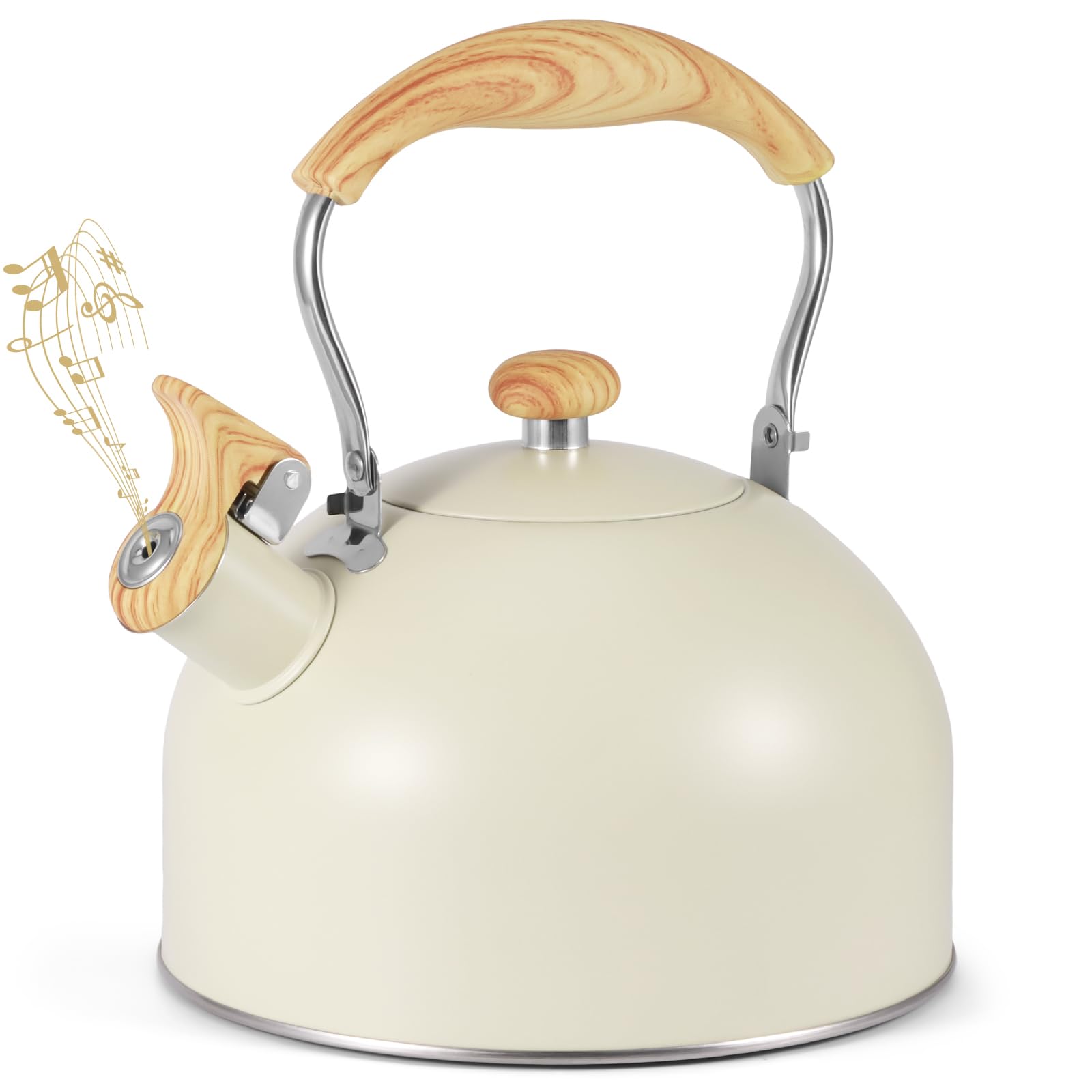 Kinberry Stove Top Kettle, 2.5L Stainless Steel Whistling Kettle with Loud Whistle, Induction Kettle with Heat Resistant Wood Effect Handle, for Gas Stove or Induction Hob(Cream)