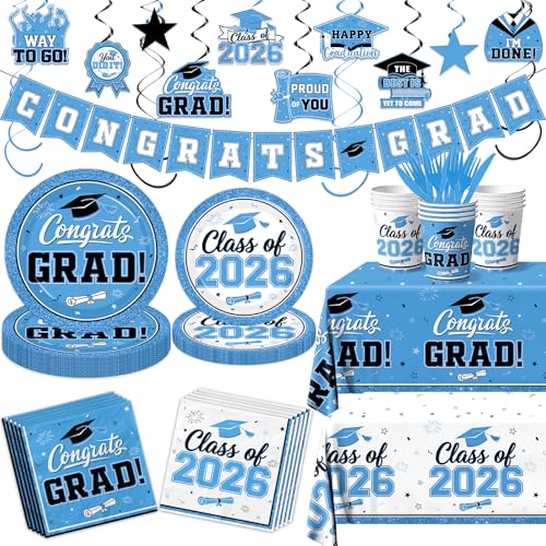 2026 Graduation Decorations Tableware Light Blue Graduation Plates and Napkins Class of 2026 Congrats Grad Party Supplies Disposable Tablecloth Cup Knife Fork for Graduation Party Decor Serve 25