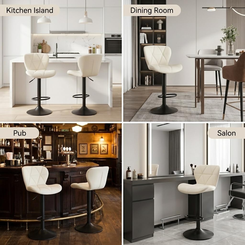 Modern Bar Stools Set of 2, Adjustable Swivel Counter Height Barstool with Back, Faux Leather Upholstered Bar Chairs for Kitchen Island(Beige)