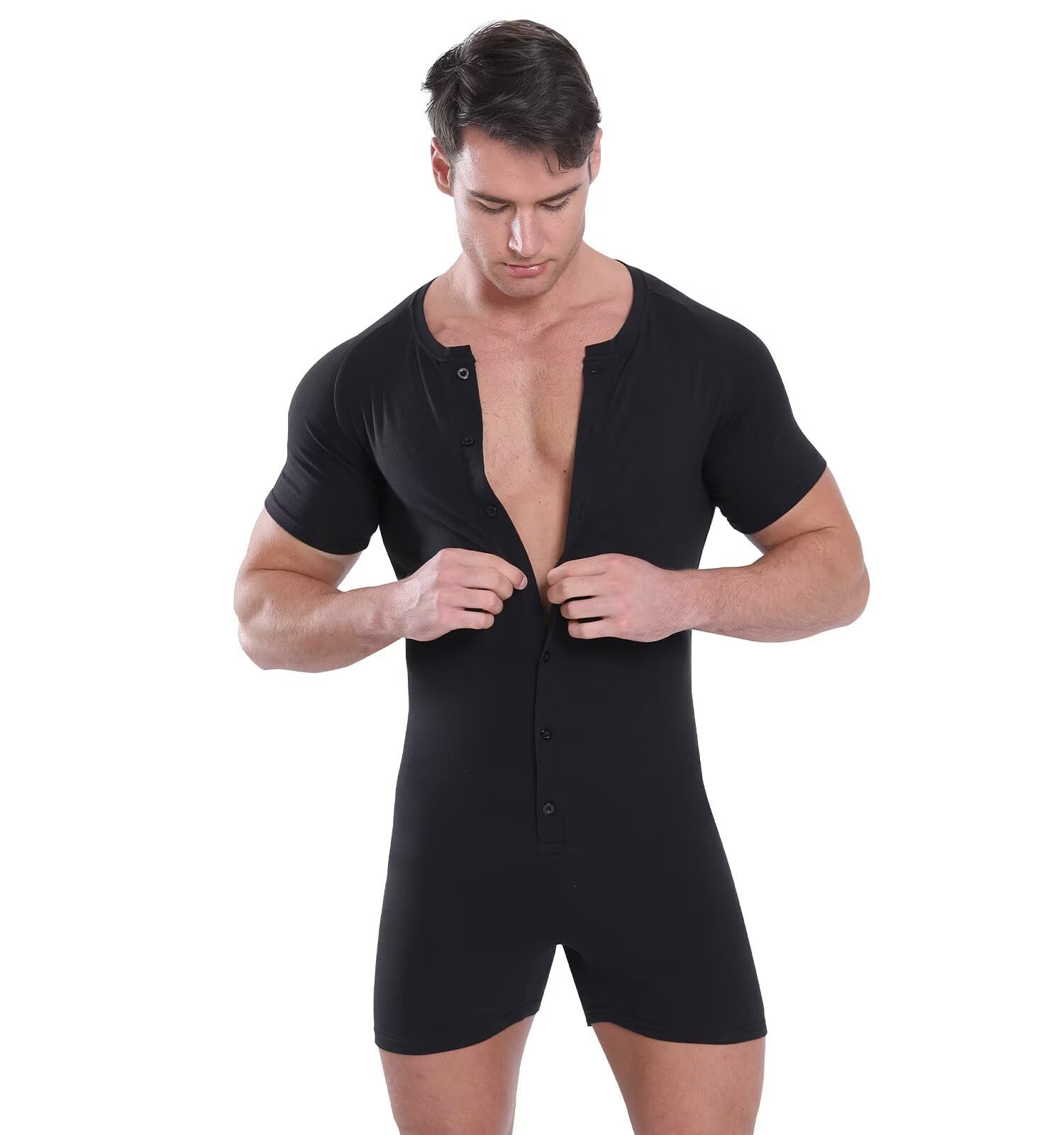Landofgenie Mężczyźni Onesie Krótki Rękaw Bodysuit One Piece Pidżama Rompers Dolna Koszula Krocza