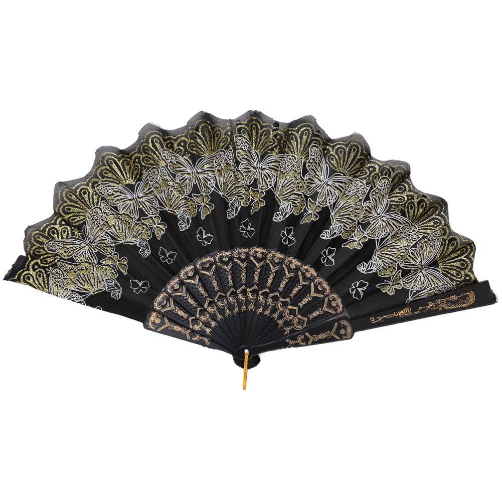 generic Exquisite Hand Fan Retro Plastic Frame Folding Fan Butterfly Pattern Portable Handheld Fan for Weddings Dances golden