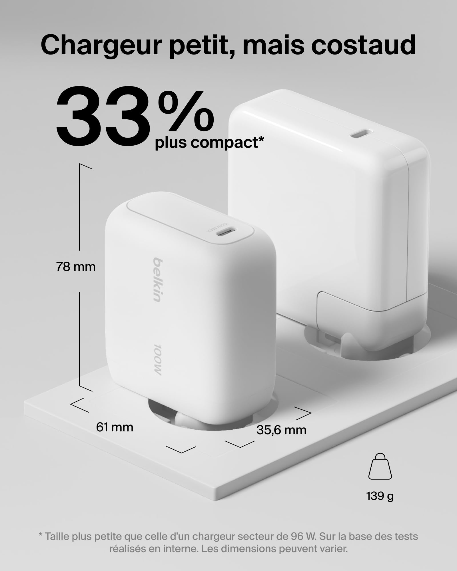 Belkin BoostCharge Chargeur Secteur GaN USB-C 100 W, Chargeur Compact Et Pliable, Recharge Rapide, pour iPhone 17, Samsung Galaxy S26, Pixel 10, Tablette, MacBook, Câble USB-C 1,5 m Fourni - Blanc