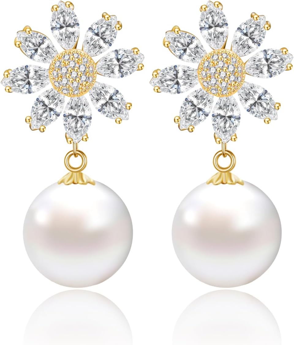14K Gold Plated Cubic Zirconia Stud Earrings for Women, Freshwater Pearl Drop Pendant with Round & Leaf Shape Design, 4 Styles Available, Hypoallergenic S925 Silver Posts – Perfect for Spring, Everyday Wear & Special Occasions