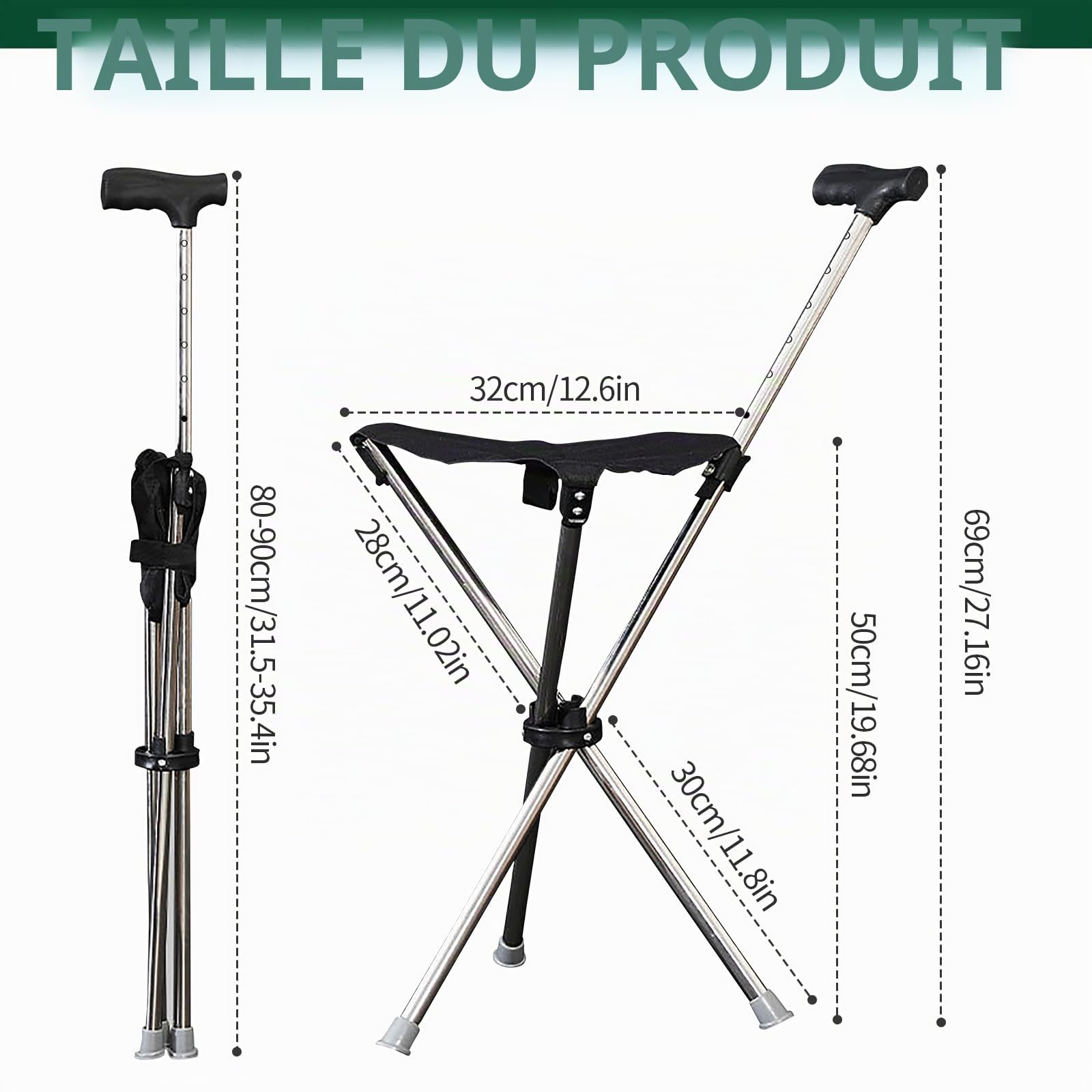 Bâton de marche avec assise pliable 80-90 cm avec assise et base en silicone antidérapant portable, léger avec capacité de charge de 100 kg pour personnes âgées de 140-190 cm