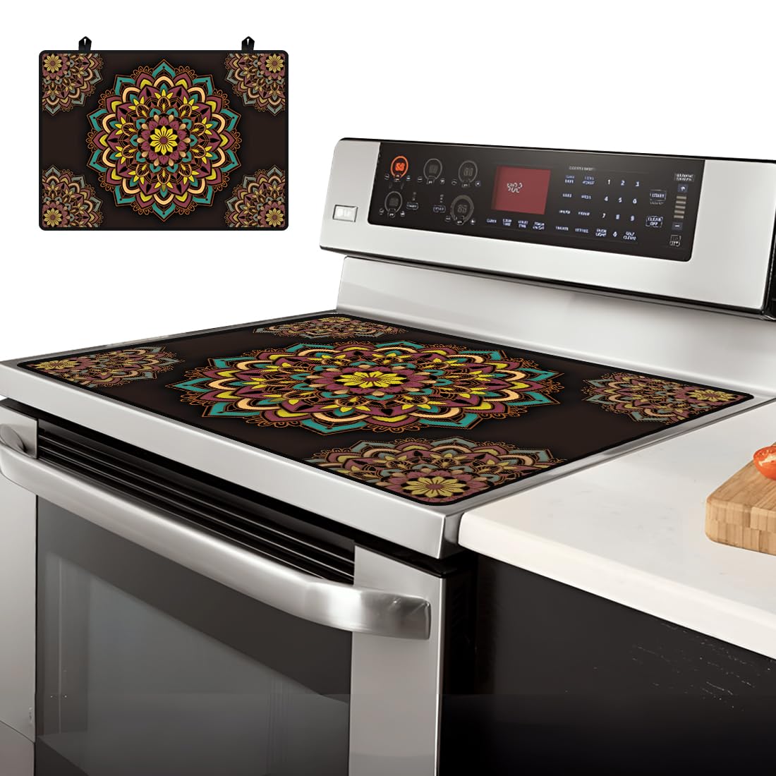 AHANDMAKER Stove Top Protector Mat - 28.3x20.5 Inch Rubber Glass Cover For Electric & Ceramic Stoves, Retro Coffee Design