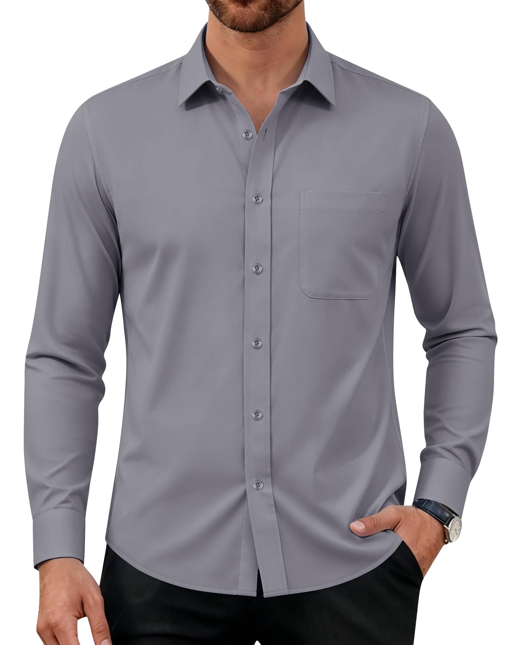 Hemd Herren Stretch Langarm Businesshemd Bügelfrei Freizeithemd mit Tasche | Anzug, Regular Fit, Business, Freizeit, Hemden, Hochzeit, Baumwolle, Oberhemd, Atmungsaktiv, Einfarbig, Arbeitshemd