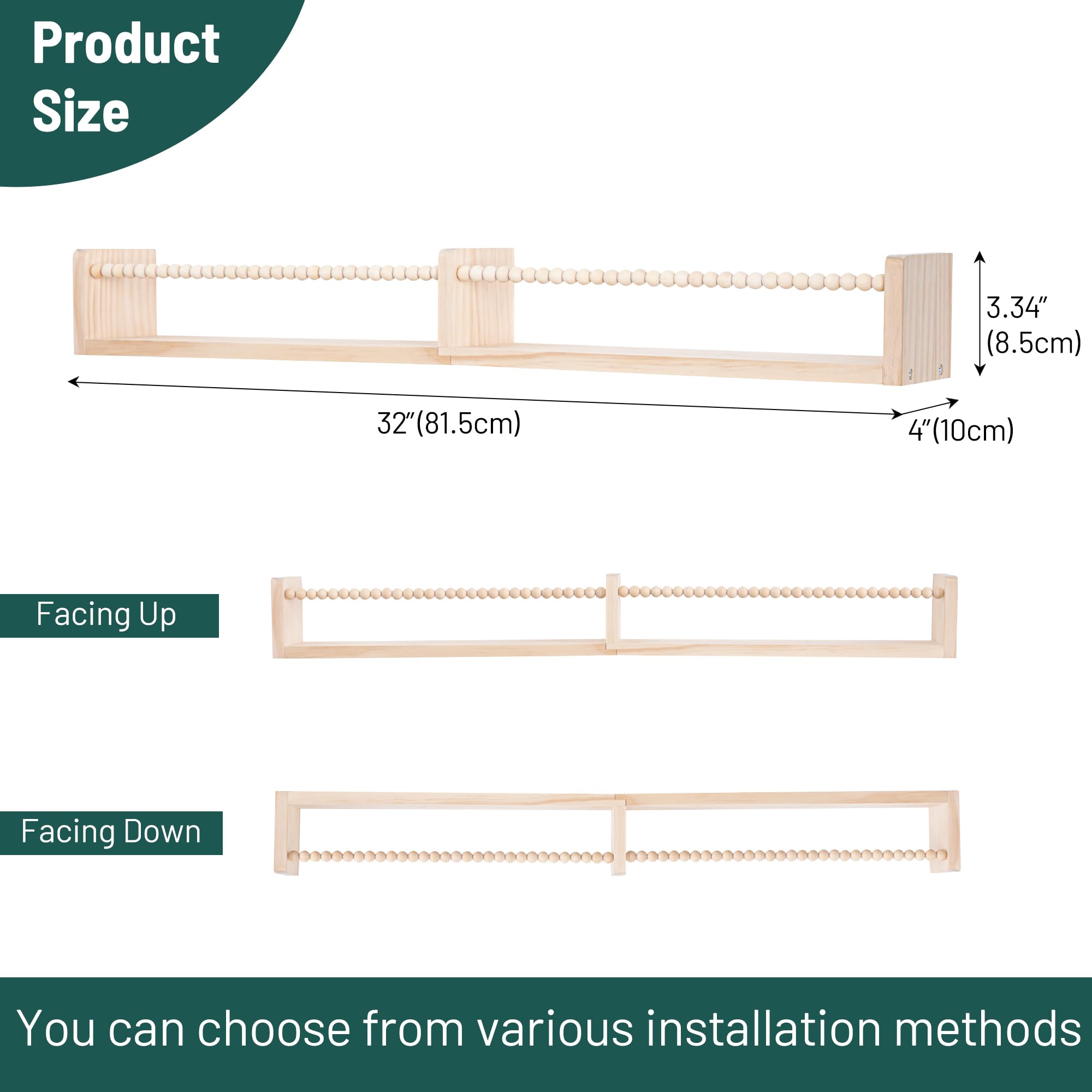 NIUBEST Nursery Shelves for Wall,Kids Bookshelves Set of 2,Floating Bookshelf Baby Book Toy Display Storage Organizer Decor with Wooden Beads Bar,Preassembled,Natural Pine Wood,81.5CM - Image 3