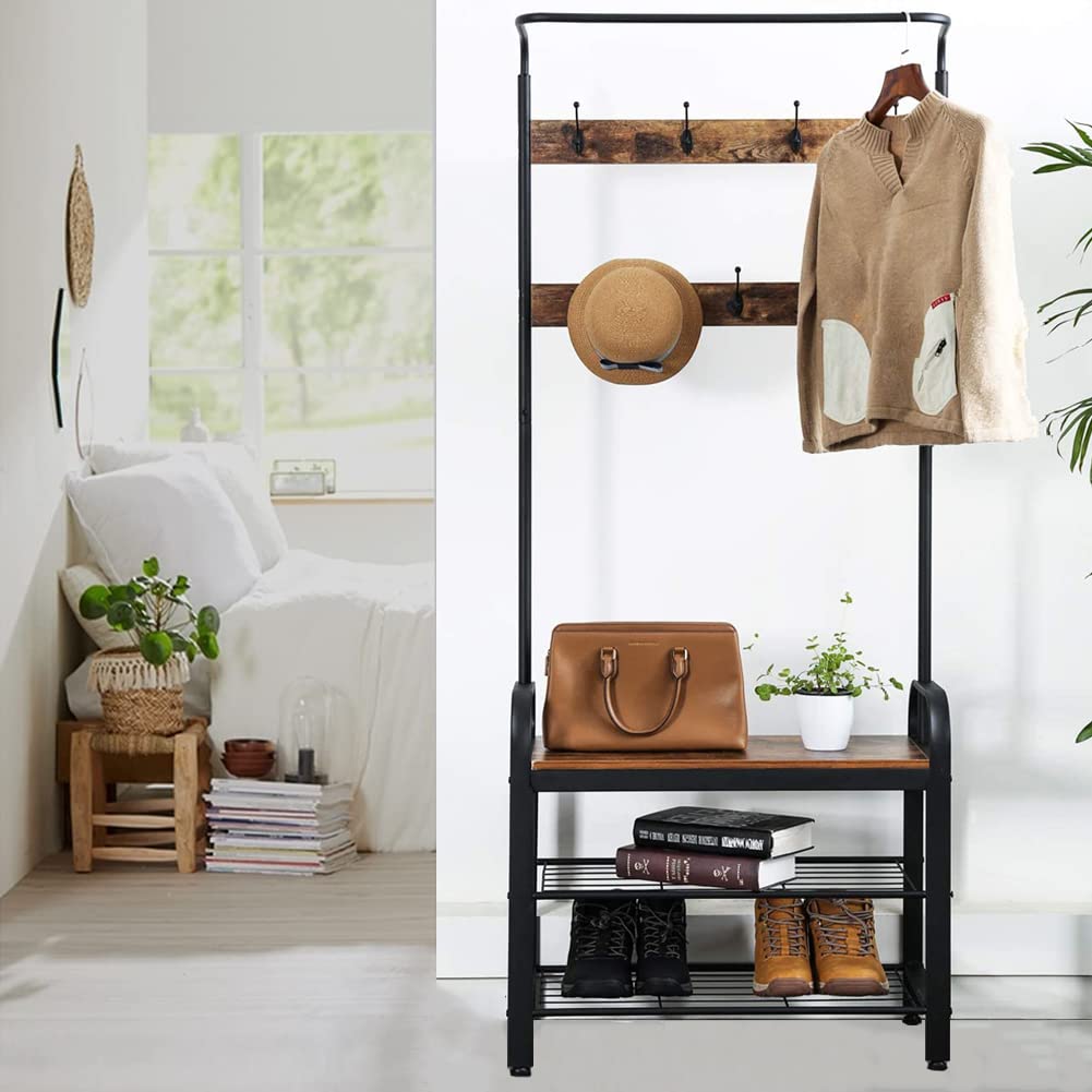 Vintage Coat Rack Shoe Bench, Hall Tree Entryway Storage Shelf, Wood