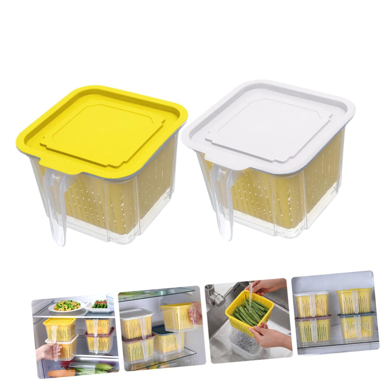 INOOMP Contenitori Chiusura Ermetica 2 Pezzi in Pp Doppio Strato per Alimenti e Funzione Drenante per Conservare Cibi Freschi in Cucina e Casa