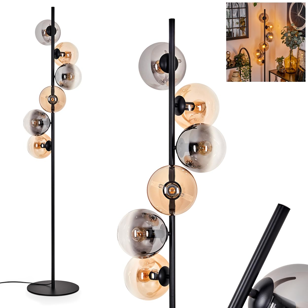 Gastor Floor lamp, Floor lamp Made of Metal/Glass in Black/Smoke/Amber/Clear, luminaire in Retro/Vintage Design with Glass Shades (Ø 15 cm) and Foot Switch, Height 160 cm, 6 x E14, Without Bulbs