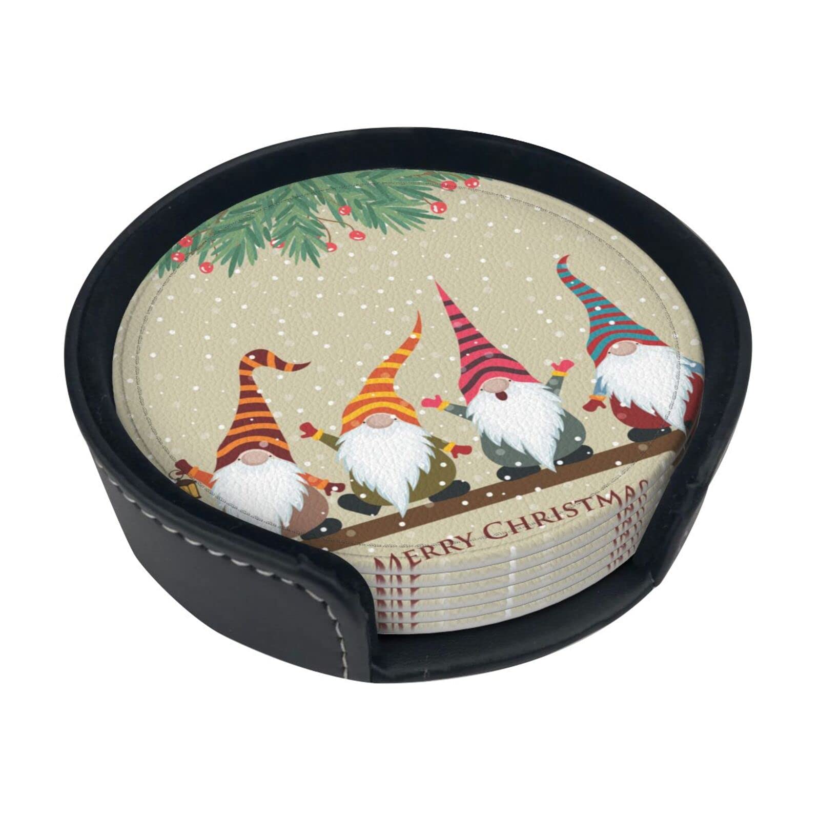 Coasters Set Of 6 Christmas Gnomes Print Leather Coasters For Drinks,Home Décor And Housewarming Gift