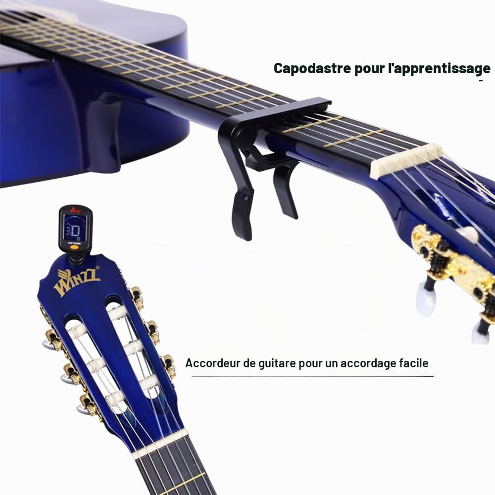 Winzz Guitare classique 4/4 Set Débutant - 39 Pouces Guitare Classique Kit Avec Cordes en Nylon pour Adultes, Enfants à partir de 10 Ans et Plus, Bleu