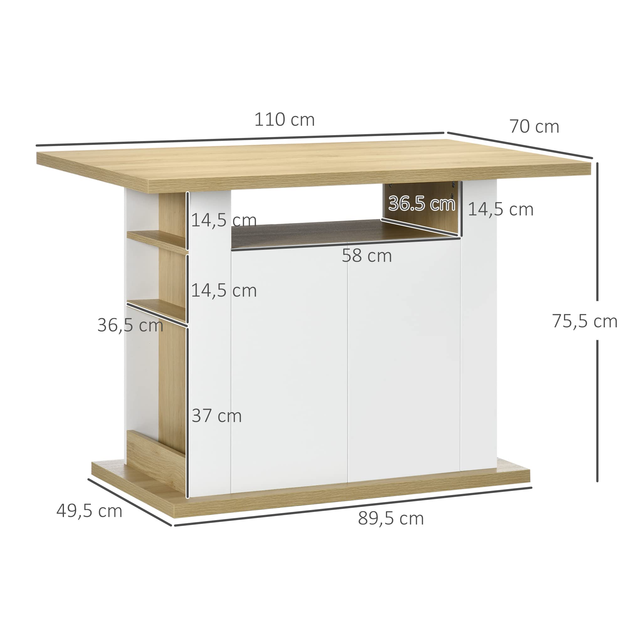 HOMCOM Isla de Cocina, para 4 Personas, Mueble de Cocina Multifuncional, Mesa de Comedor con 4 Puertas, Compartimentos Abiertos, Estante Ajustable, 110x70x75,5 cm, Roble y Blanco
