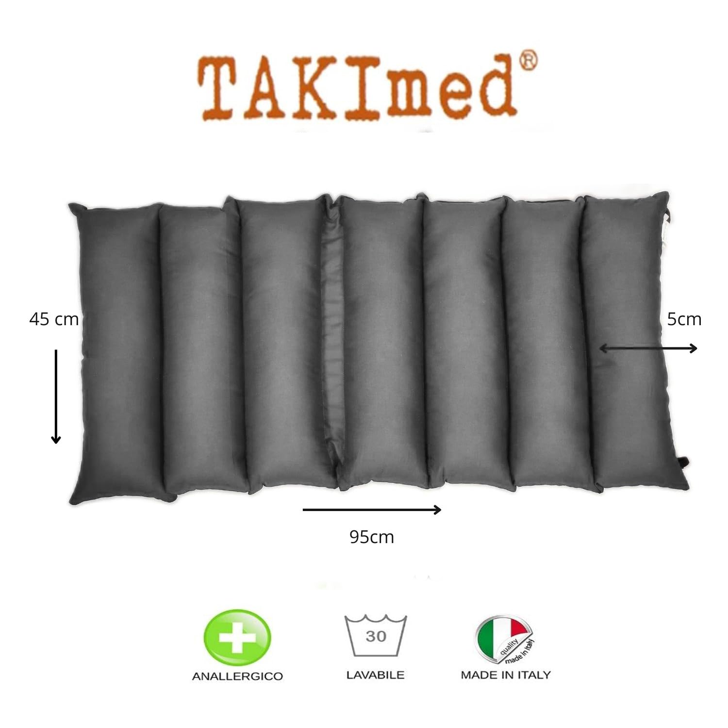 TAKIMED Cuscino Stuoia Coprisedia per sedia a rotelle In Fibra Cava Siliconata, Cuscino con Schienale Antidecubito lungo Ortopedico per Carrozzina. Prodotto Italiano (Grigio)
