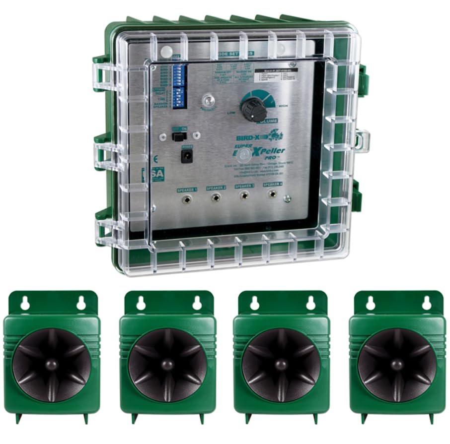 Super BirdXPeller Pro – Répulsif Sonore Anti-Oiseaux et Pigeons, 4 Haut-Parleurs, Programmable, Portée Jusqu’à 2,4 Hectares, Usage Extérieur