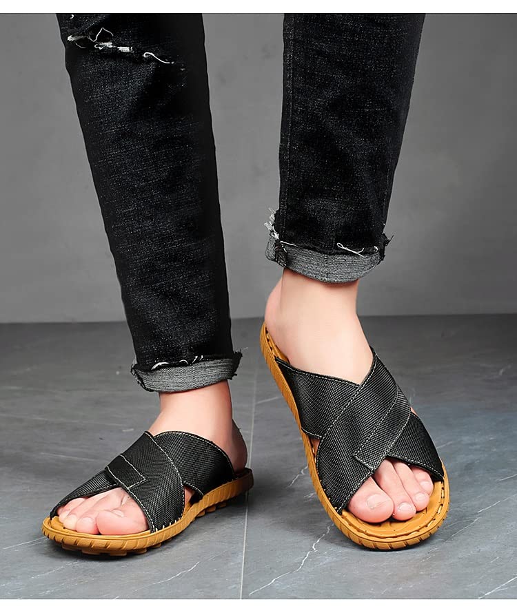 Sandals Men Leather Men Shoes Vintage Flats Casual Beach Flip Flop Slippers(D,42 Code)3