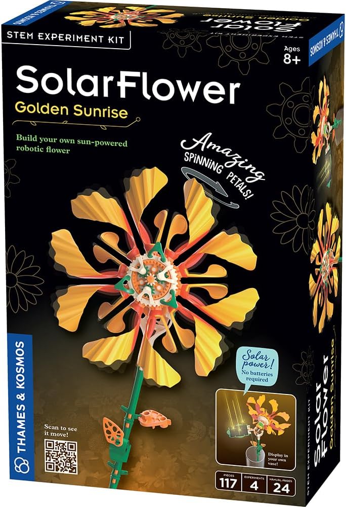 Thames & Kosmos SolarFlower Kit STEM Golden Sunrise | Construya una flor motorizada alimentada por energía solar con pétalos giratorios y coloridos, regalo educativo para niños mayores de 8 años y adultos