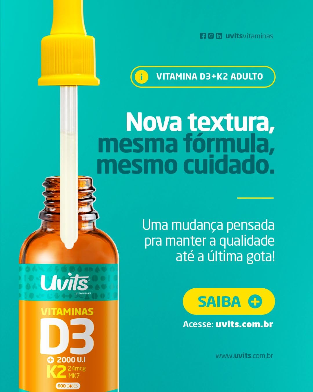 3x Vitamina D3 + K2 Gotas Frasco 20 ml cada – Uvits em promoção! Veja a oferta e mais achadinhos de Vitaminas & Suplementos 3 Hoje é o melhor dia para comprar 3x Vitamina D3 + K2 Gotas Frasco 20 ml cada – Uvits com aquele preço maroto! Promoção! Aproveite a oferta! 3