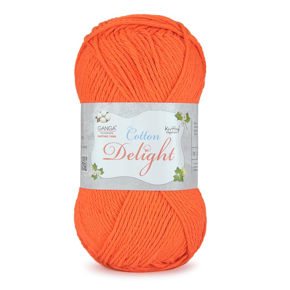 Ganga Acrowools Cotton Delight, Dk Weight Cotton Yarn, Oekotex Class L Certified 100G, 169M (A Tangy Orange)