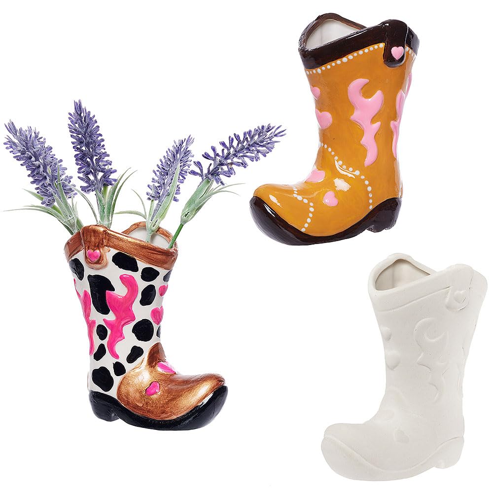Baker Ross WA112 Western Cowboy Boot Ceramic Vases - Pack of 2, Fun Ceramic Vases for Painting and Decorating
