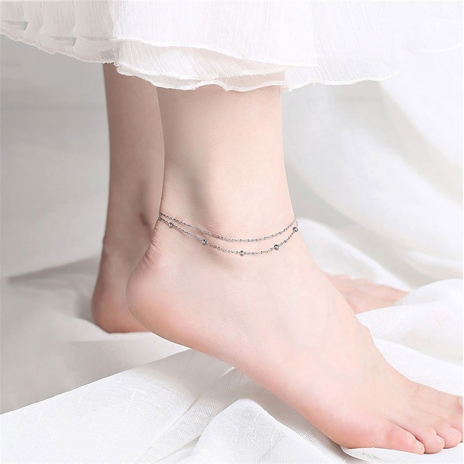 Cavigliere Donna Cavigliera Doppi Strati Cavigliera Stazione di Perline Cavigliere con Perline a Strati Gioielli in Argento Sterling 925 per Piede da Indossare Tutti i Giorni Cavigliere da Donna