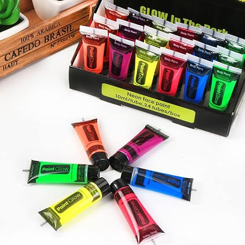 Pintura de neón para rostro y cuerpo de luz negra que brilla en la oscuridad, pintura de Halloween, luz negra, brillante, fiesta, 6 colores, 24 tubos