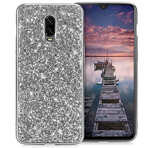 WIWJ OnePlus 6T Glitter Case,Soft Silicone Case Glitter Sparkle Sequins Rhinestones Glossy Case Soft Protective Shell Gel TPU Diamond Bumper Back Cover Female Shell -Silver