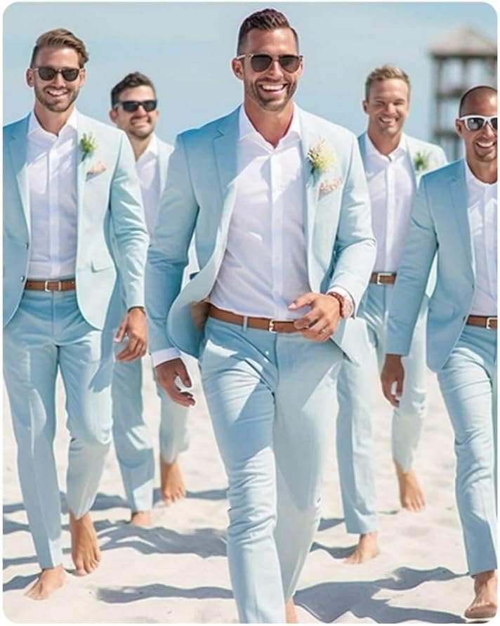 Retro Linen Men Suit 2 Piece Suit Slim Fit Two Button Suit Jacket Wedding Groomsmen Summer Beach Blazer Pants Tuxedo - Image 8