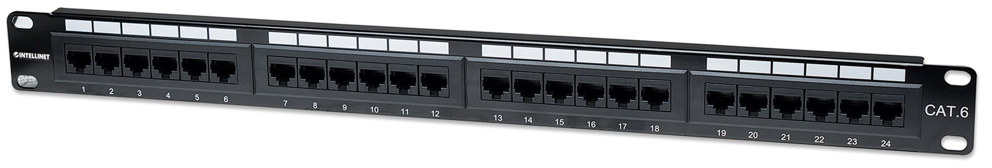 Intellinet 24-Port Cat-6 Network Patch Panel Rack-Mount – Installer Grade 3mm 50 Micro-inch Gold Plated Jack Contacts - Black, 520959