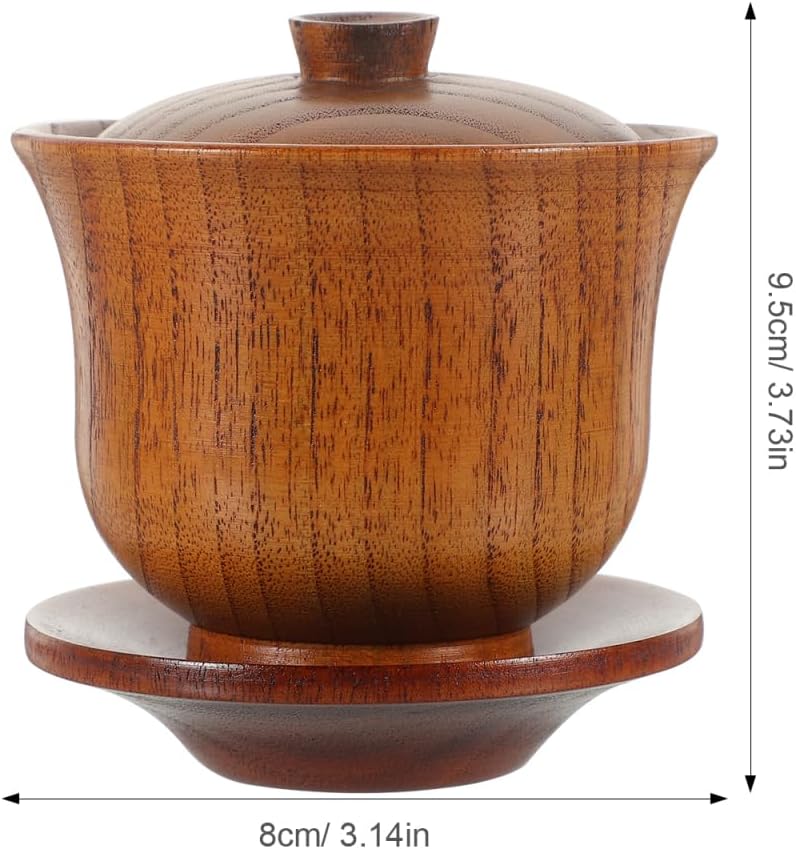 Amosfun Chinese Tea Cup Set with Lid and Saucer Solid Wood Traditional Tea Bowl Practical Cup for Jasmine Green and Oolong Home Office House Restaurant Use 3.74 in