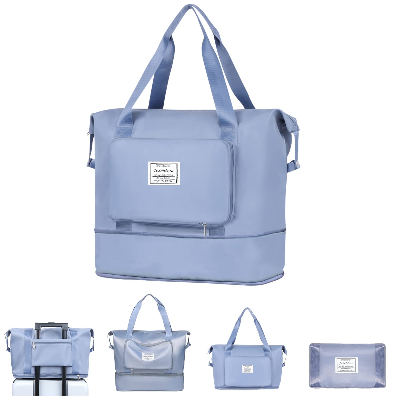 Intrbleu Large Capacity Foldable Expanable Travel Duffel Bag with Dry and Wet Separation, Waterproof Sports Tote Gym Bag, Lightweight Weekender Overnight Bags for Women, Blue,