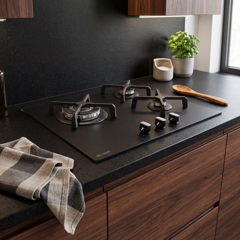 BELDEKO Plaque Gaz 3 Feux 6200W Noir Mat Grilles Fonte - Marque Française