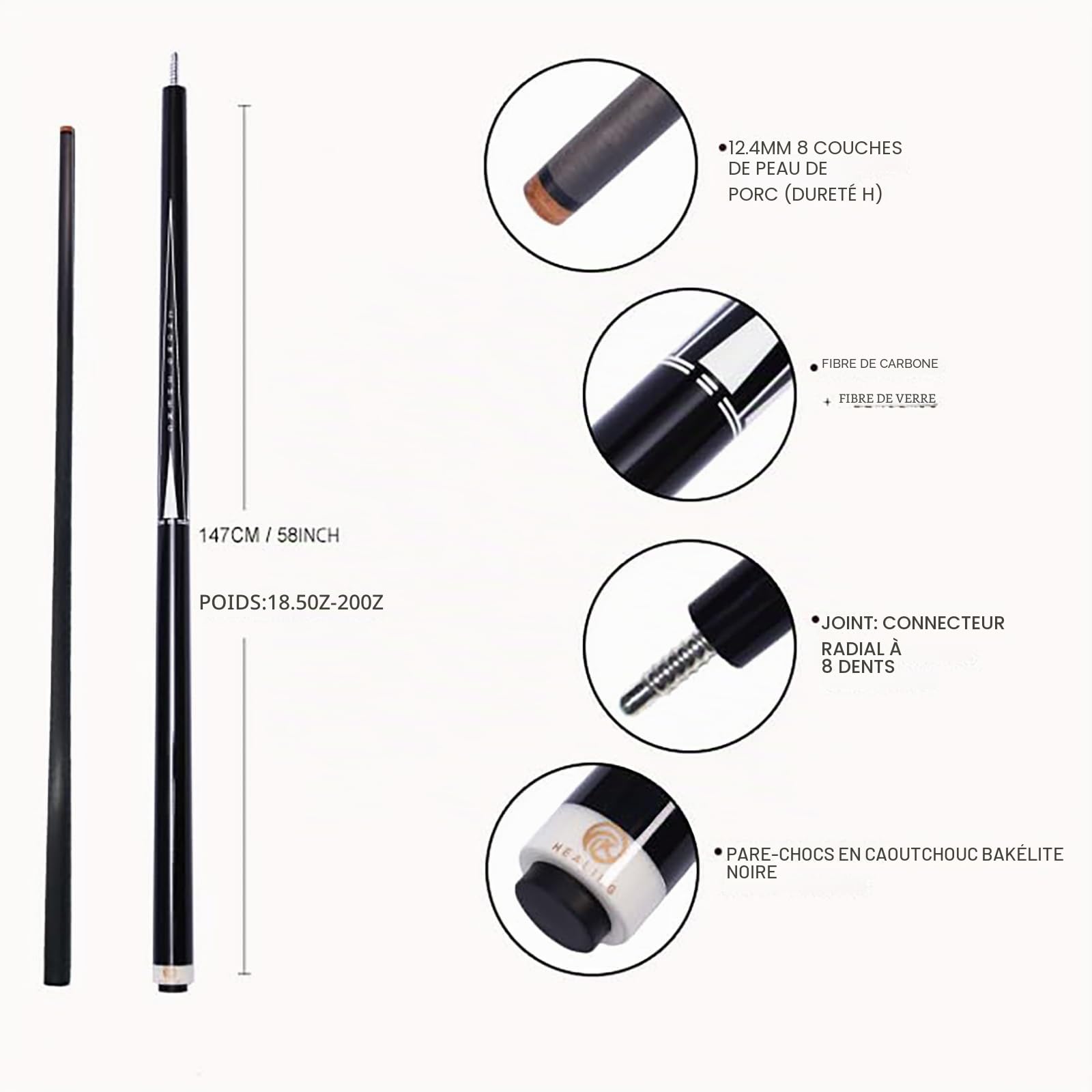 Excellentes performances : ce billard professionnel en fibre de carbone de 147 cm est équipé d'une tête de 12,4 mm, pèse 19 ~ 20 oz et est adapté pour les boules noires huit et neuves.