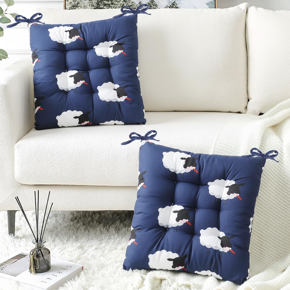 Set de 4 Cojines para Sillas de Comedor 40x40 cm - Cojines Exterior/Interior con Lazos, Relleno de Asiento Ideal para Terraza, Jardín, Salón o Restaurante (Ovejas Azules)