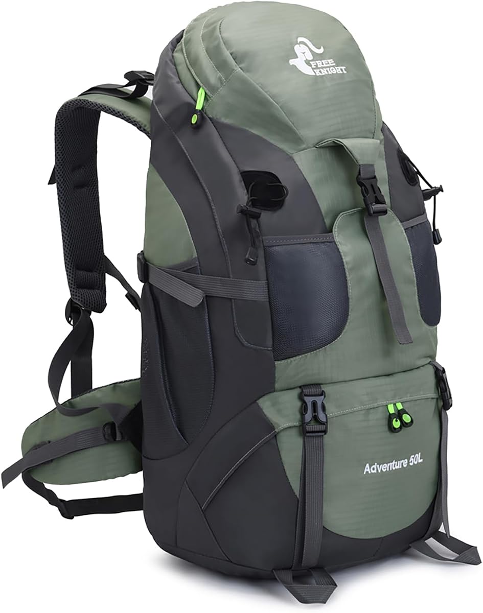 Bseash Mochila de senderismo de 50 litros, resistente al agua, ligera, para deportes al aire libre, bolsa de viaje para acampar, escalar, esquiar, andar en bicicleta (verde militar, con compartimento para zapatos)