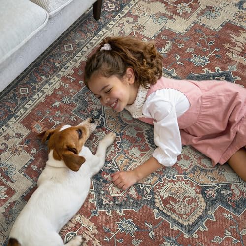 GENIMO 2x5 Runner Rugs for Hallway, Machine Washable Non Slip Vintage Rugs, Low Pile Lightweight Soft Print Rug for enrtyway, Corridor, Home Office, Kitchen, Bordeaux