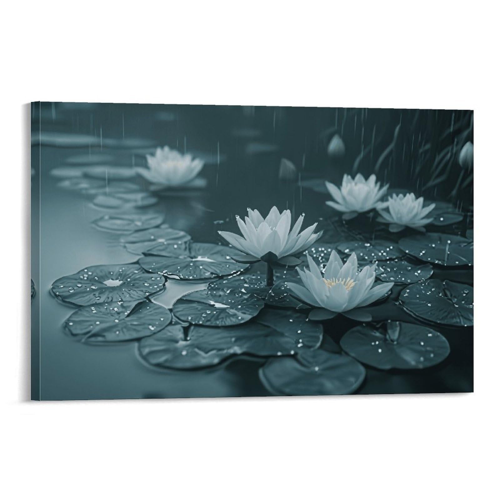 XPASHIQWC Water Lilies in Rain Poster Artwork Lotus Pond Canvas Prints Picture Modern Wall Art Picture Wall Hanging for Living Room Bedroom Home Decorations 20x30inch(50x75cm)