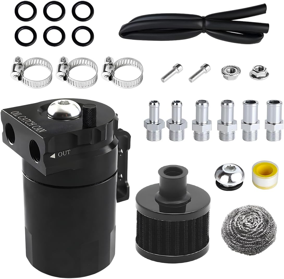 KVAEY Baffled Oil Catch Can, 300ml Oil Catch Can Tank with Breather Filter Adapters Hose Kit, 2-Port Aluminum Polish Baffled Reservoir Tank, Universal Engine Air Oil Separator Can (Black)