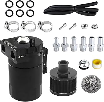 KVAEY Baffled Oil Catch Can, 300ml Oil Catch Can Tank with Breather Filter Adapters Hose Kit, 2-Port Aluminum Polish Baffled Reservoir Tank, Universal Engine Air Oil Separator Can Black